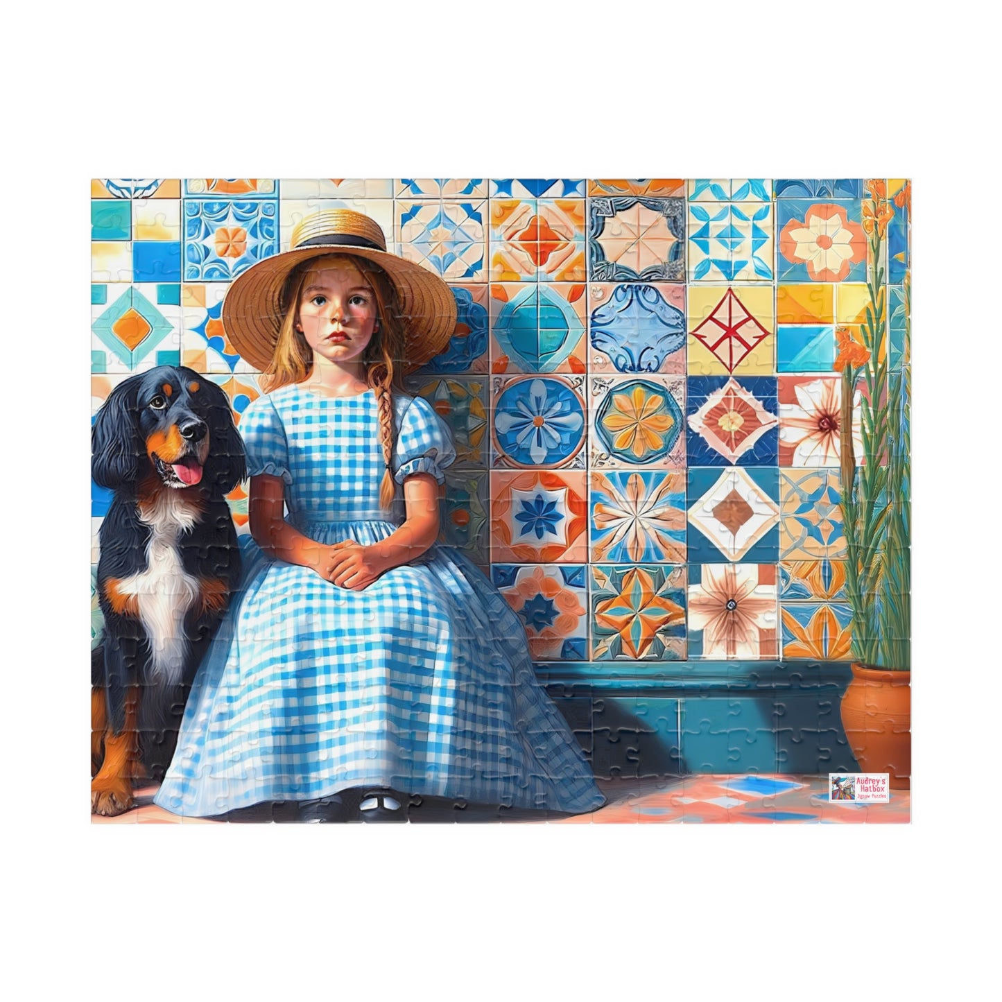 Little Girl in Gingham Jigsaw Puzzle US: Nostalgic Childhood Scene with Pet Dog (110-1014-piece)