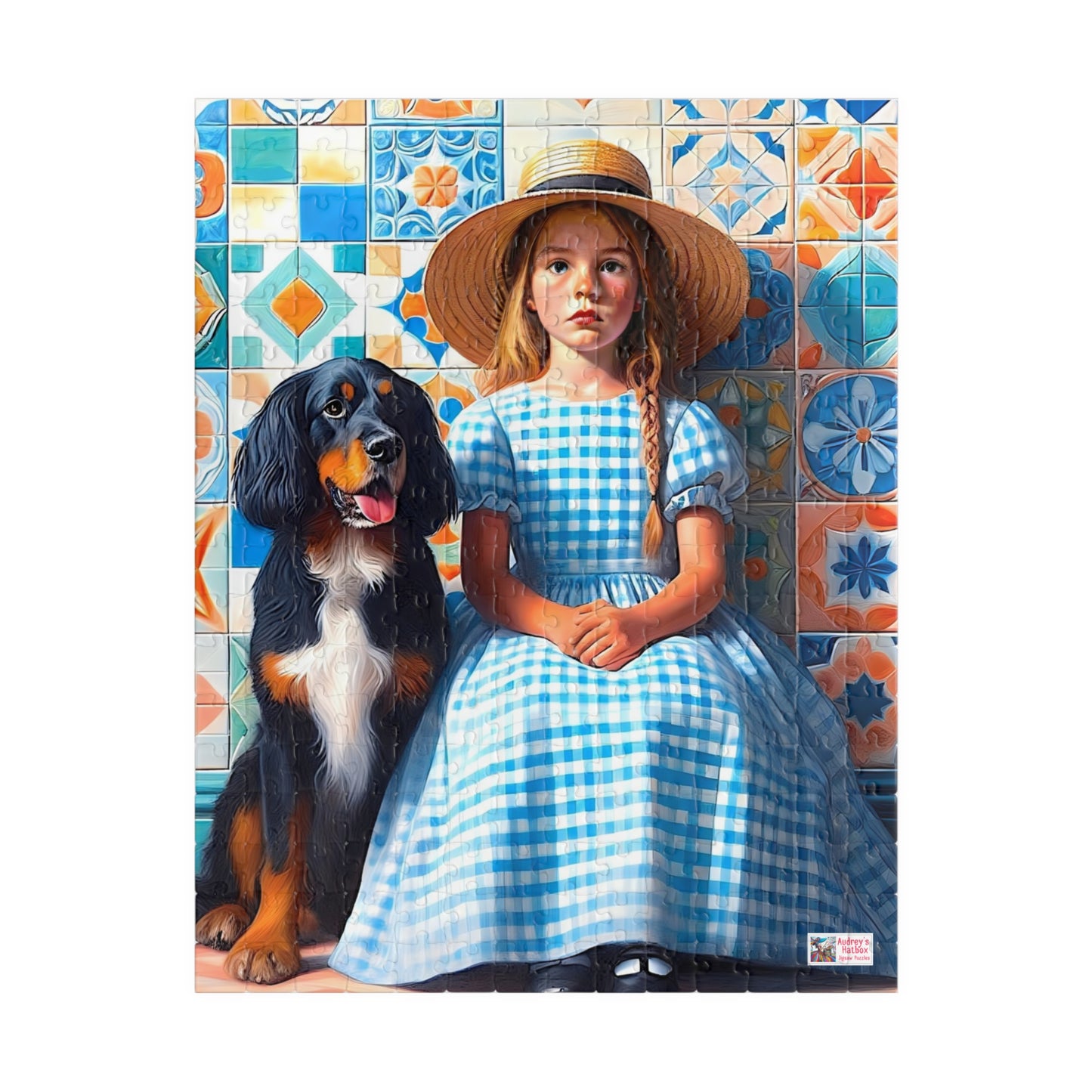 Little Girl in Gingham Jigsaw Puzzle US: Nostalgic Childhood Scene with Pet Dog (110-1014-piece)