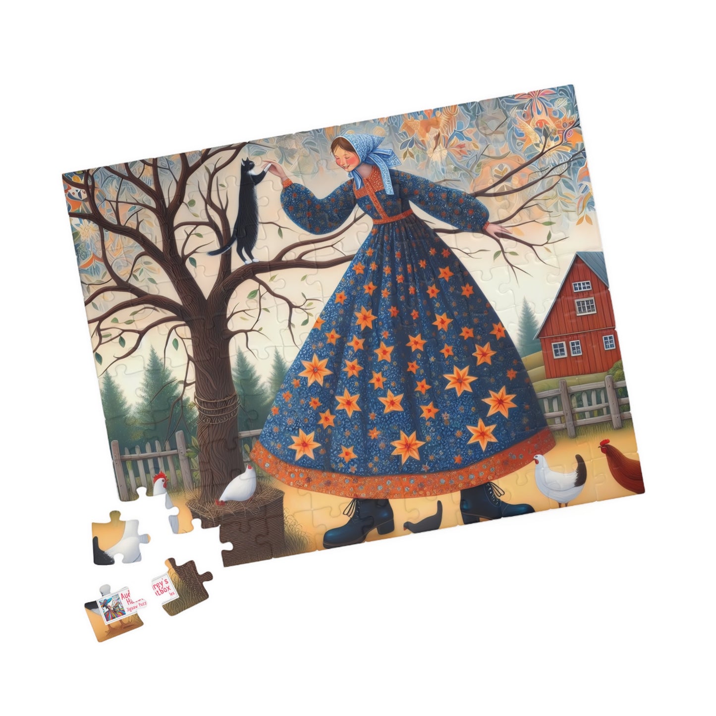 Barnyard Frolic Jigsaw Puzzle (110, 252, 520, 1014-piece). Quirky, Joyful Farm Dance with Chickens and a Black Cat. Family Fun Gift Idea