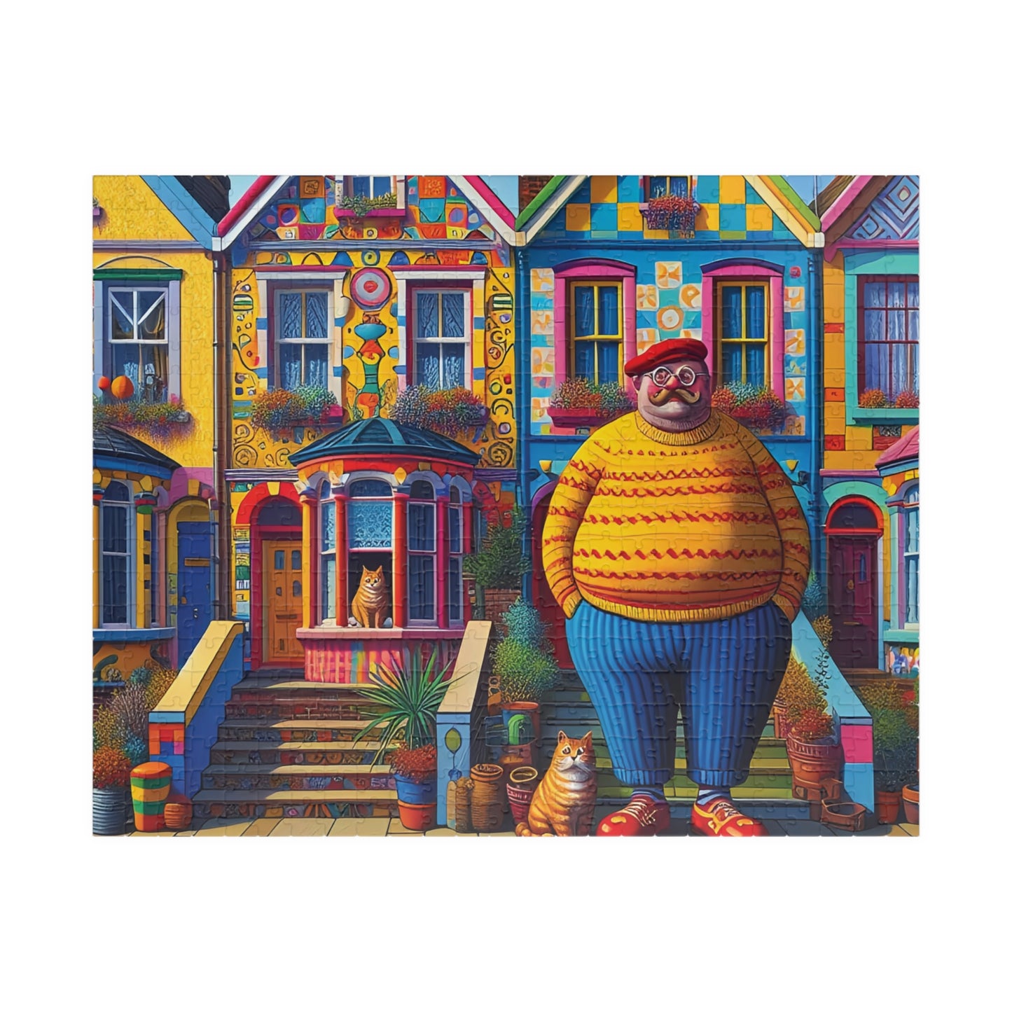 Welcome Committee Jigsaw Puzzle, 110, 252, 520, 1014-piece. Whimsical, Playful Scene of a Jolly Man, Cats and Colourful Houses. Family Fun.