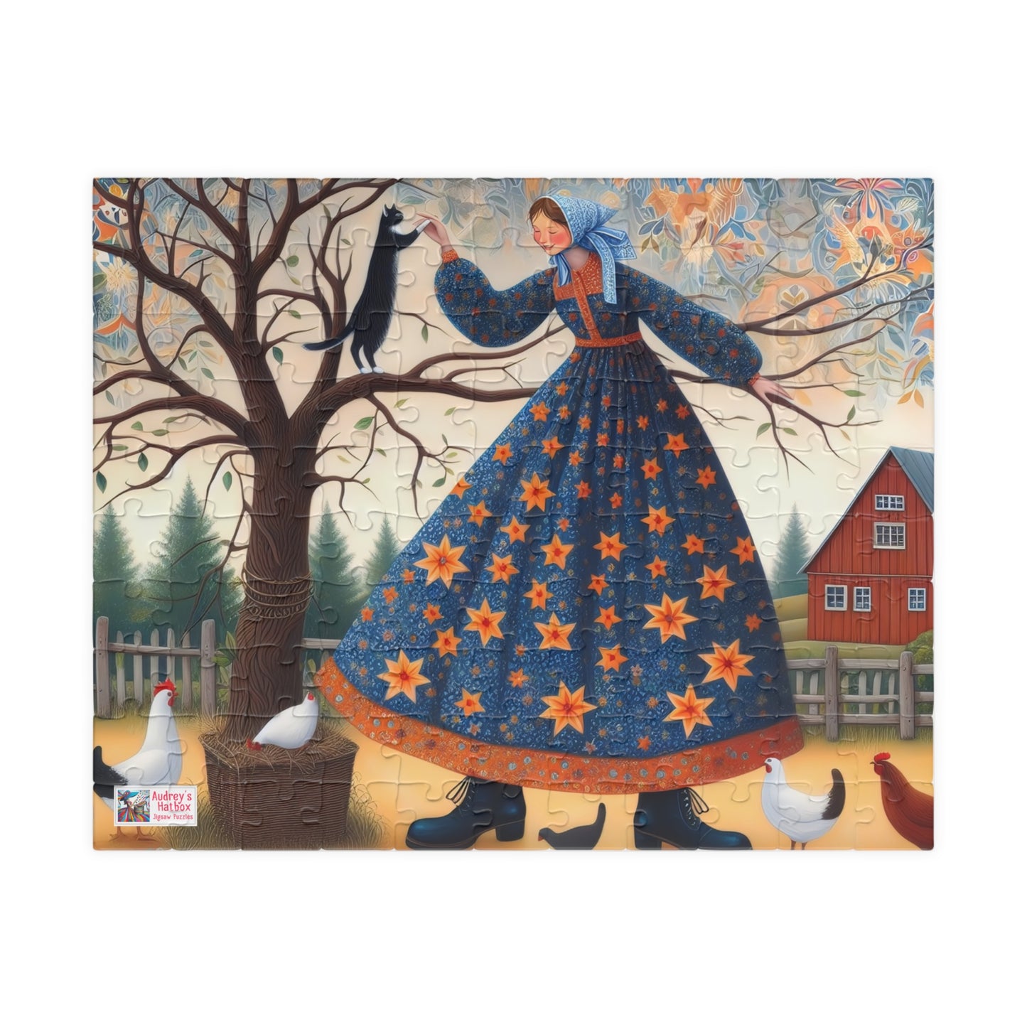 Barnyard Frolic Jigsaw Puzzle (110, 252, 520, 1014-piece). Quirky, Joyful Farm Dance with Chickens and a Black Cat. Family Fun Gift Idea