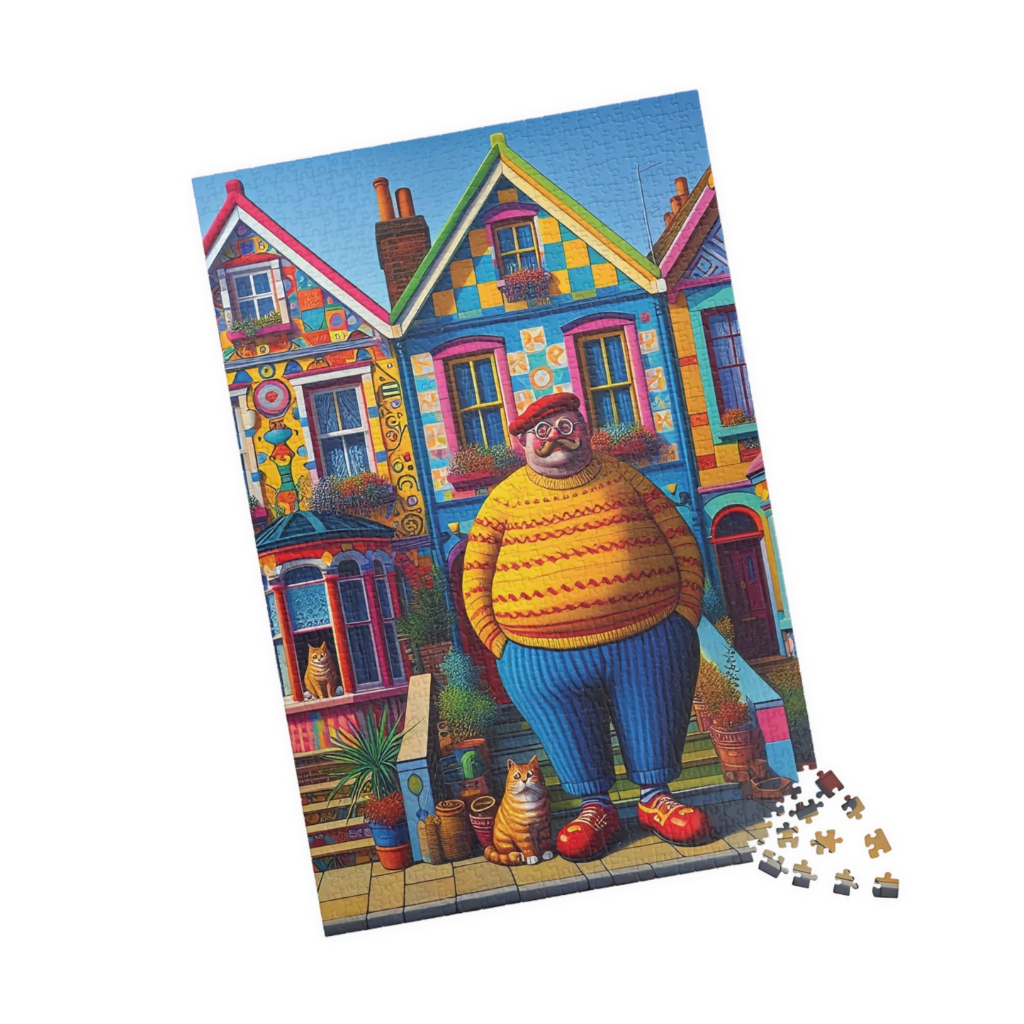 Welcome Committee Jigsaw Puzzle, 110, 252, 520, 1014-piece. Whimsical, Playful Scene of a Jolly Man, Cats and Colourful Houses. Family Fun.