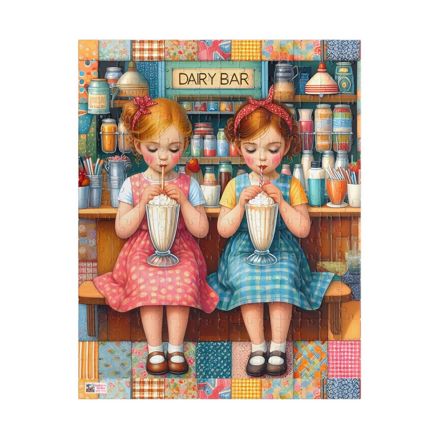 Milkshake Maids Jigsaw Puzzle (110, 252, 520, 1014-piece). Sweet vintage patchwork milk bar scene. Fun family game, children's gift idea
