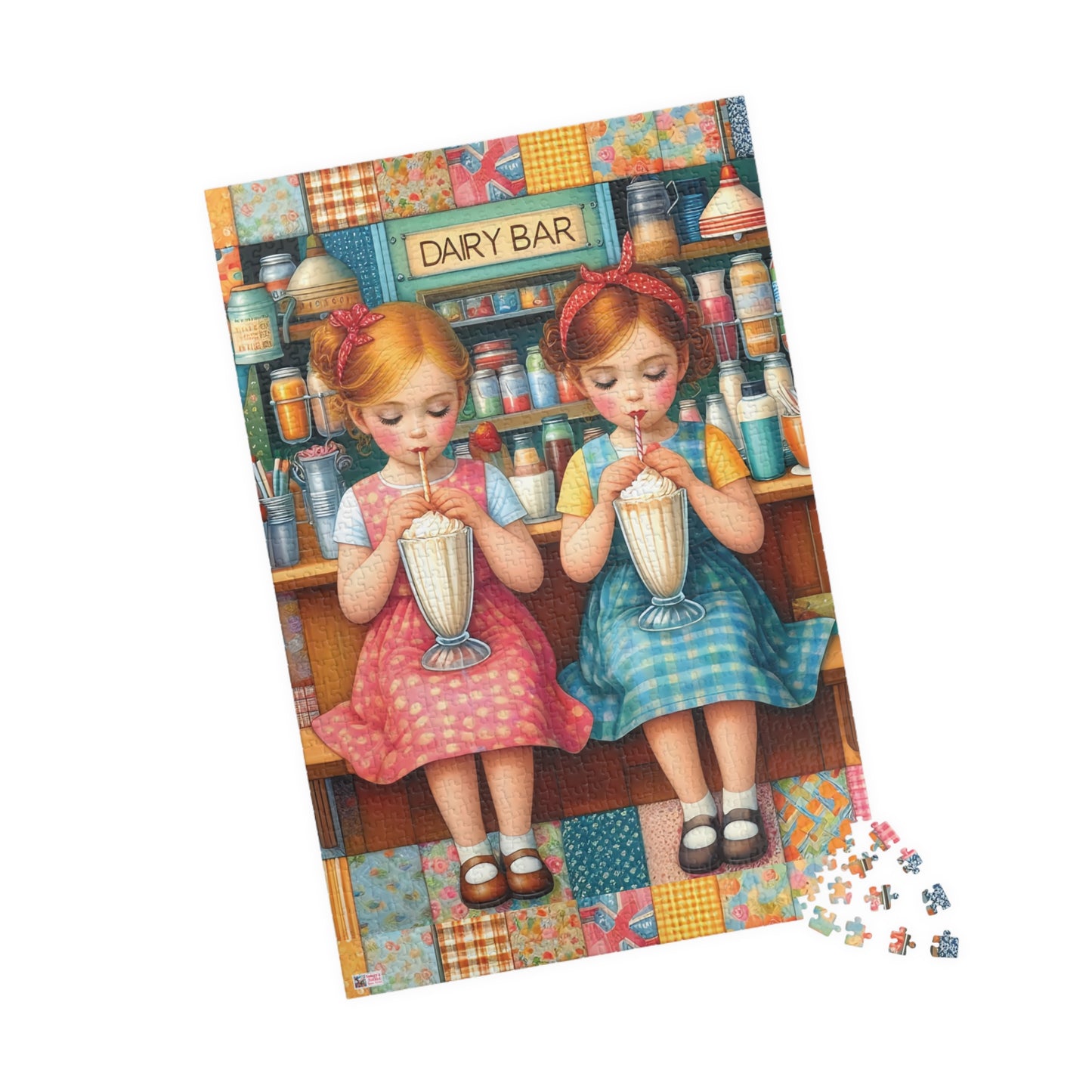 Milkshake Maids Jigsaw Puzzle (110, 252, 520, 1014-piece). Sweet vintage patchwork milk bar scene. Fun family game, children's gift idea