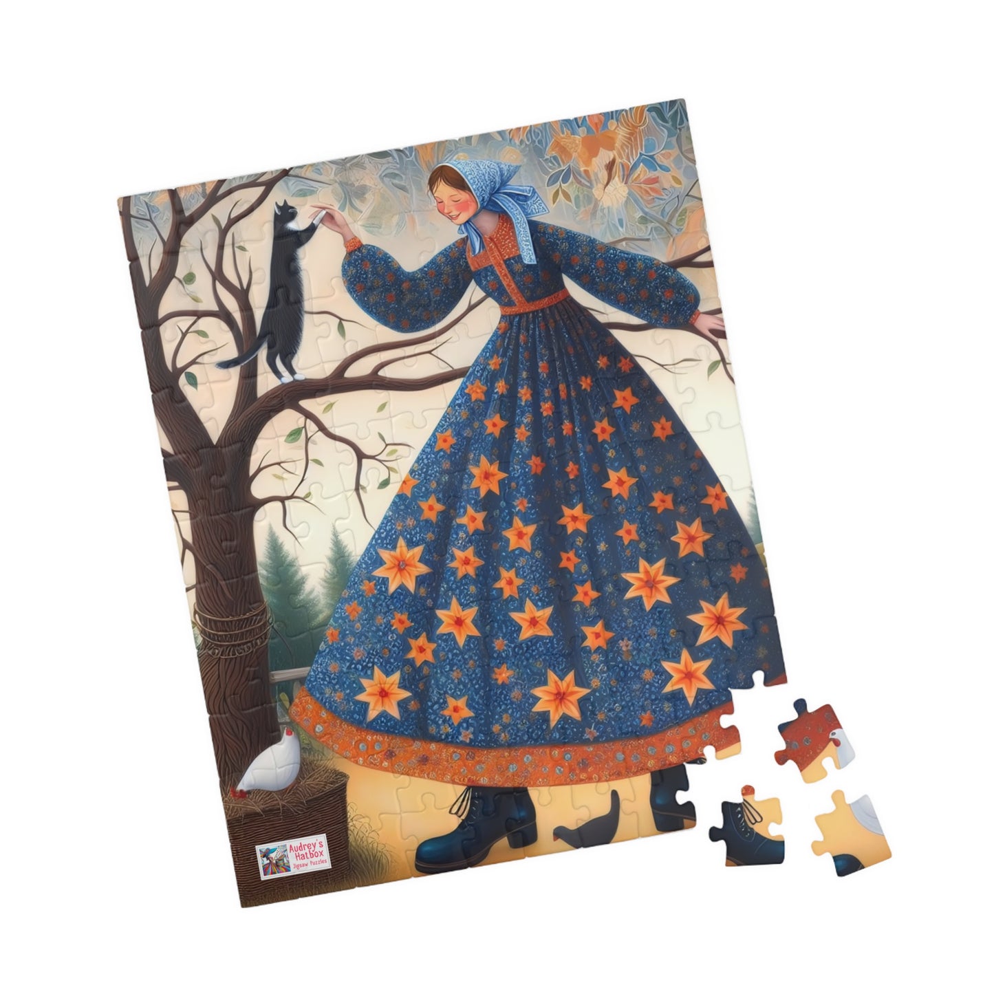 Barnyard Frolic Jigsaw Puzzle (110, 252, 520, 1014-piece). Quirky, Joyful Farm Dance with Chickens and a Black Cat. Family Fun Gift Idea