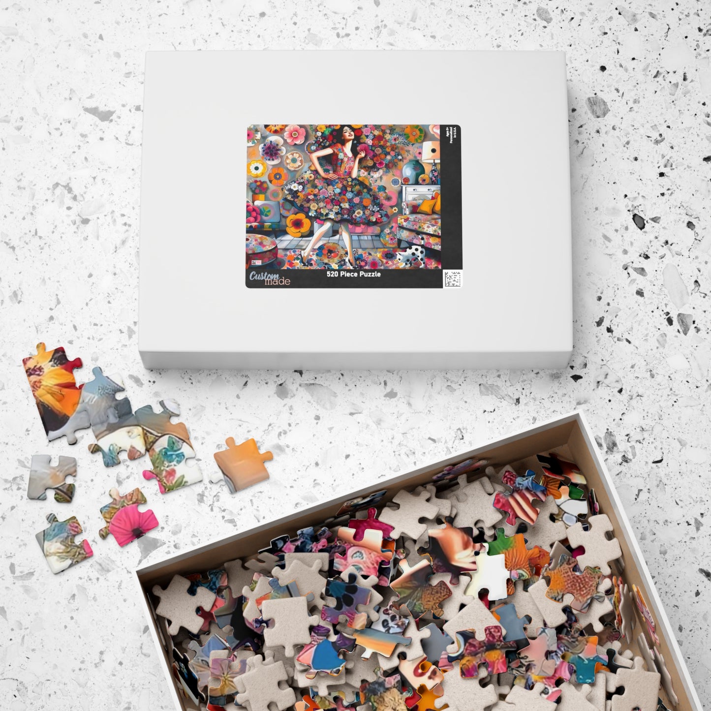 Mad About Flowers Jigsaw Puzzle (110, 252, 520, 1014-piece). Charming Floral Chaos in a Whimsical Scene with a Polka Dot Cat. Fun Gift Idea.