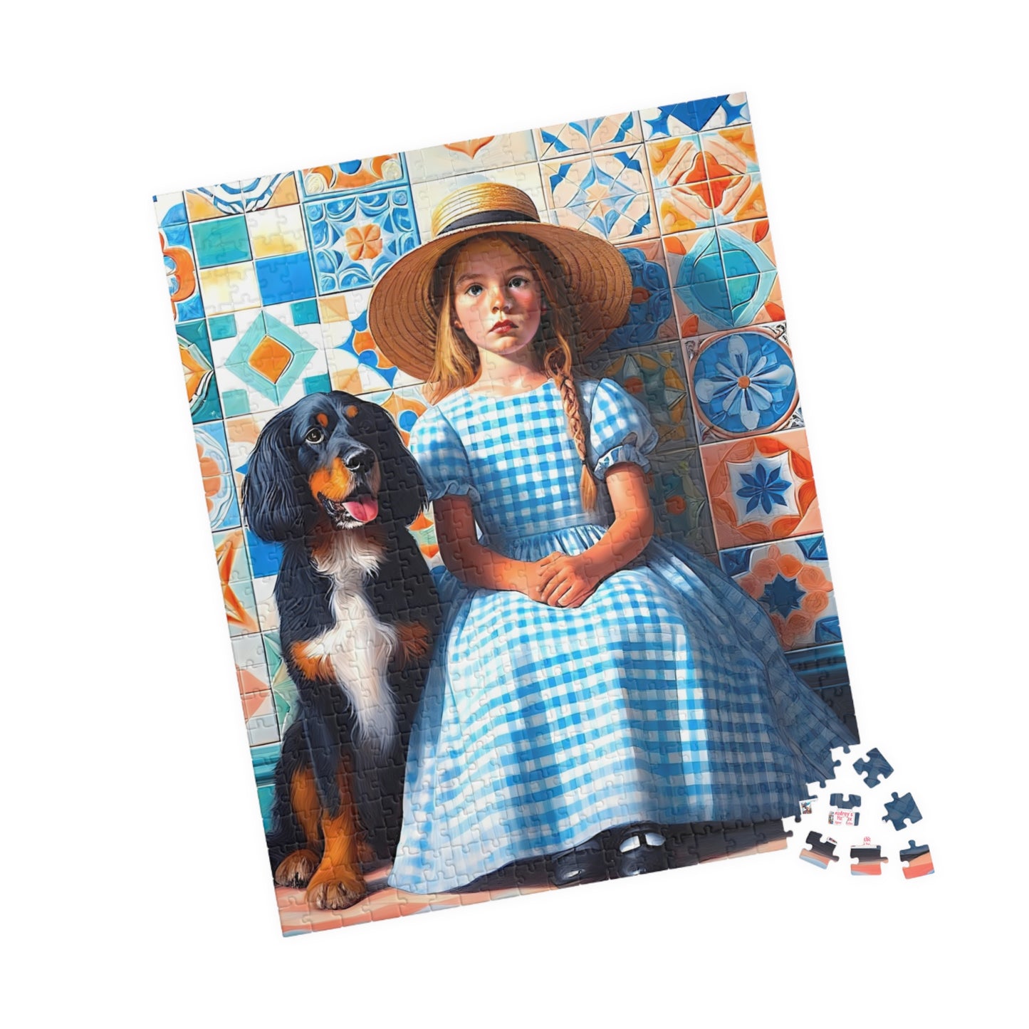 Little Girl in Gingham Jigsaw Puzzle US: Nostalgic Childhood Scene with Pet Dog (110-1014-piece)
