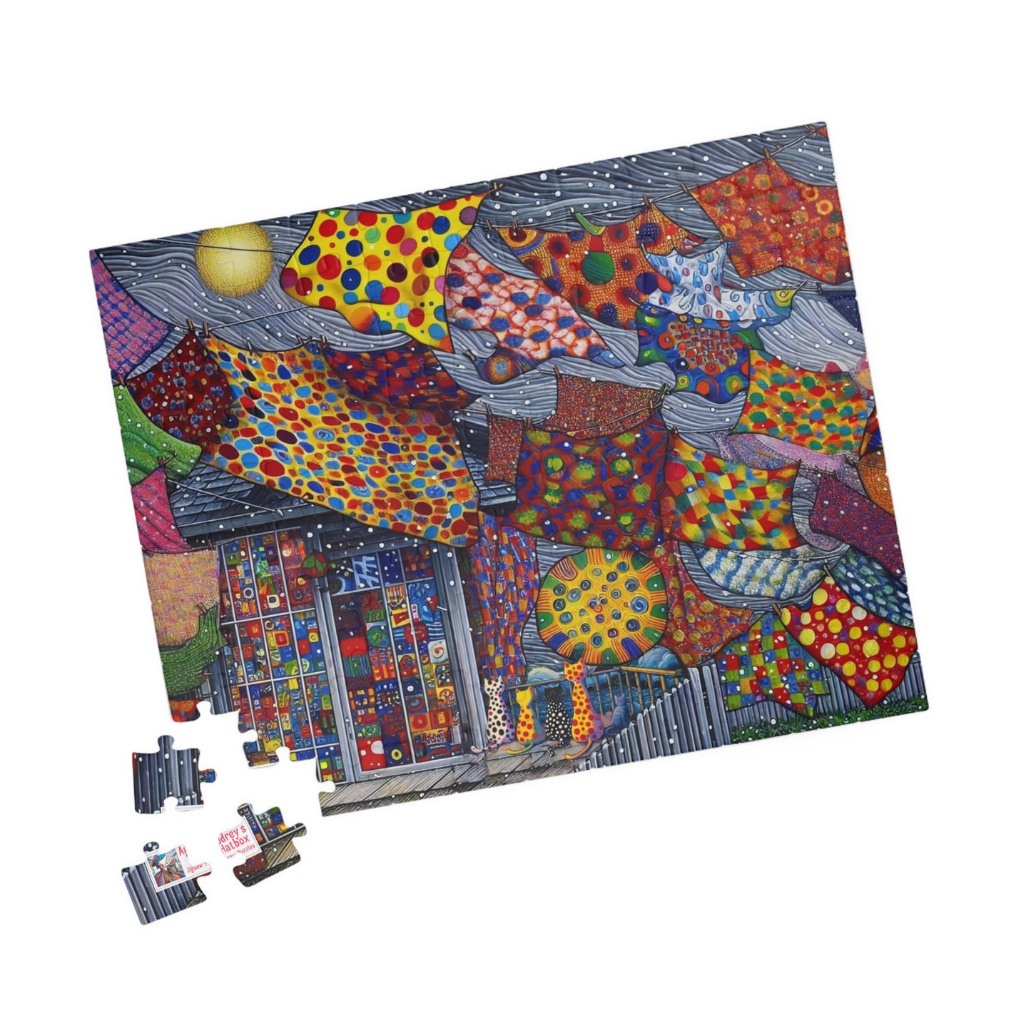 Tablecloth Tempest Jigsaw Puzzle US: Curious cats watch a wild storm whip up the washing on the line  (110-1014-pcs)