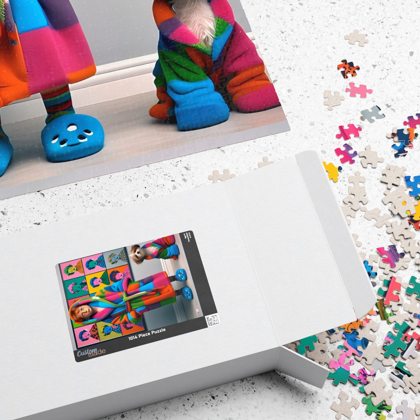Pop Art Pajama Party Jigsaw Puzzle (110, 252, 520, 1014-piece). Cute and quirky boy and dog in matching bathrobes. Fun gift. Family game.