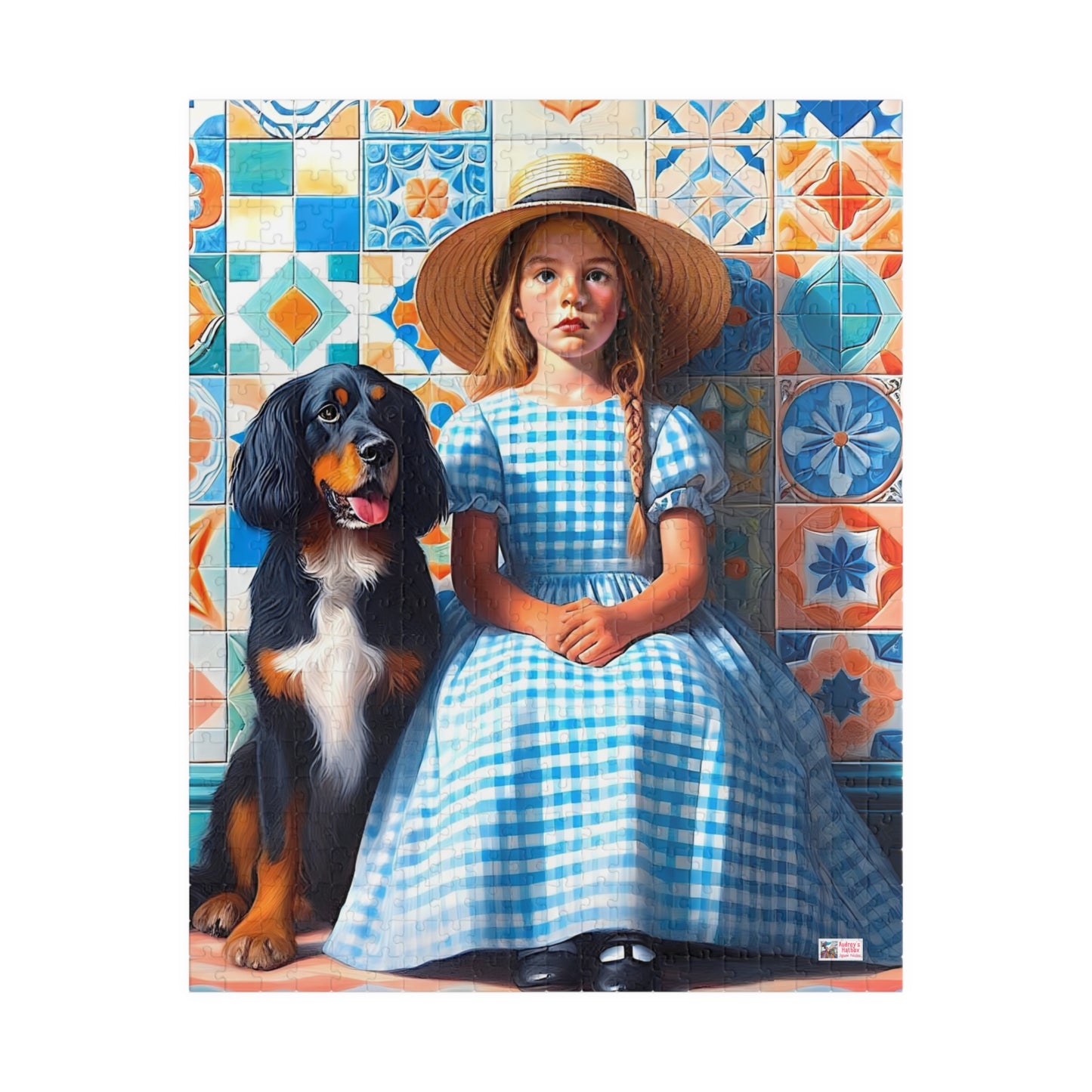 Little Girl in Gingham Jigsaw Puzzle US: Nostalgic Childhood Scene with Pet Dog (110-1014-piece)