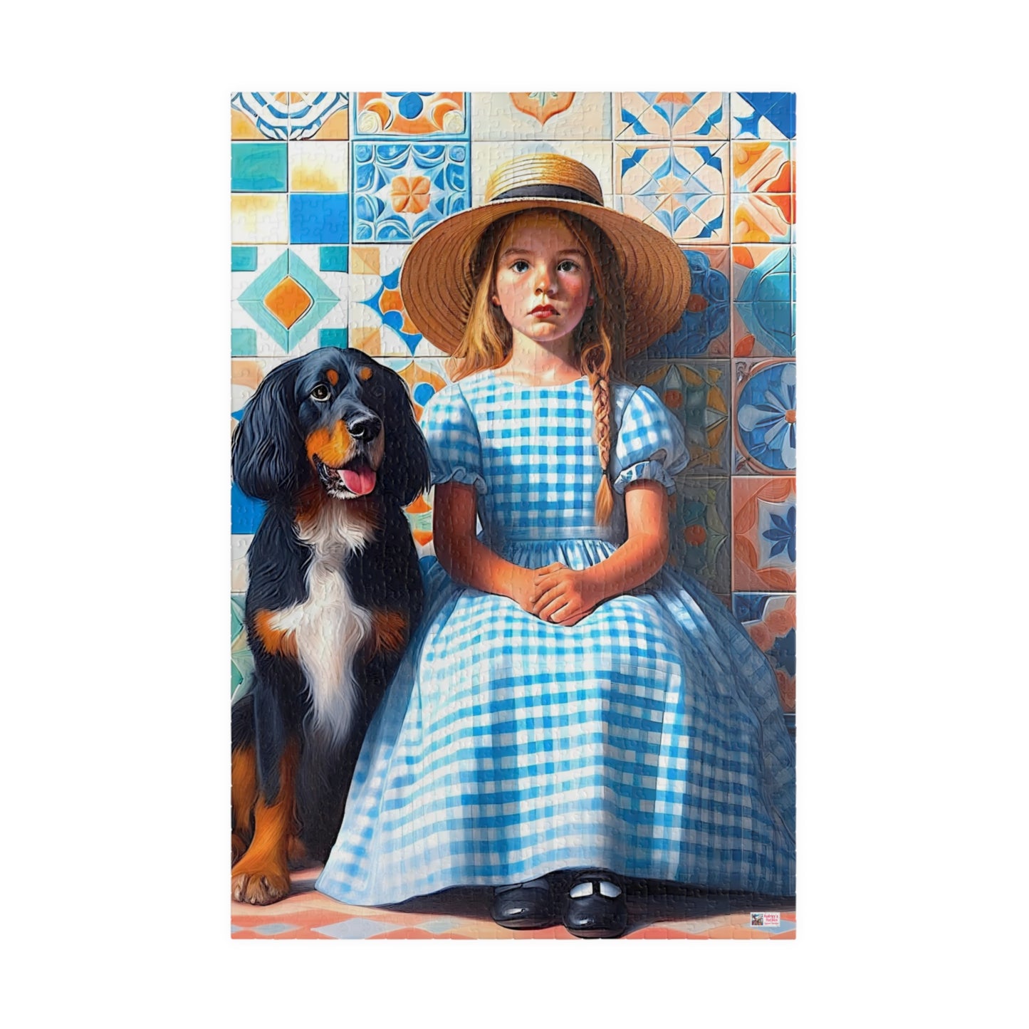 Little Girl in Gingham Jigsaw Puzzle US: Nostalgic Childhood Scene with Pet Dog (110-1014-piece)