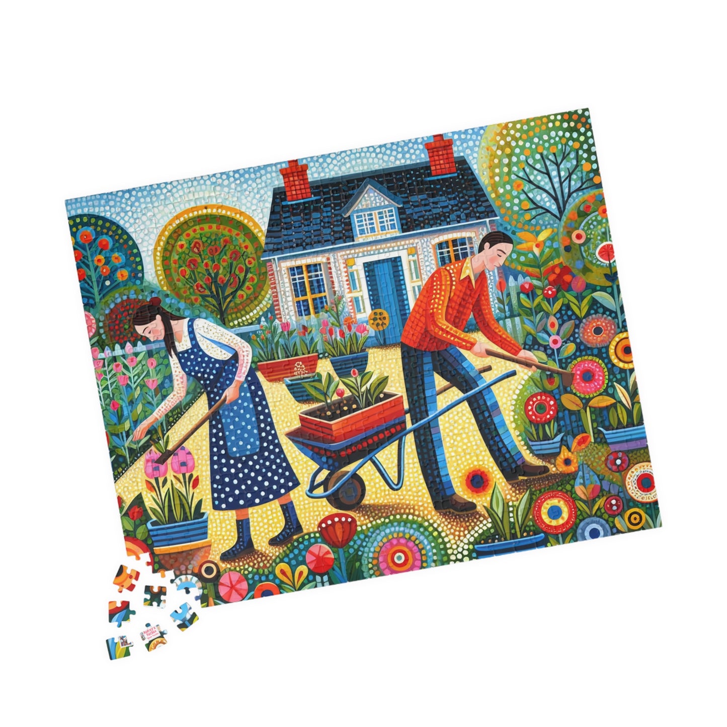 Garden Therapy Jigsaw Puzzle (110, 252, 520, 1014-piece). Charming country cottage scene of a couple in harmony. Wholesome family gift idea.
