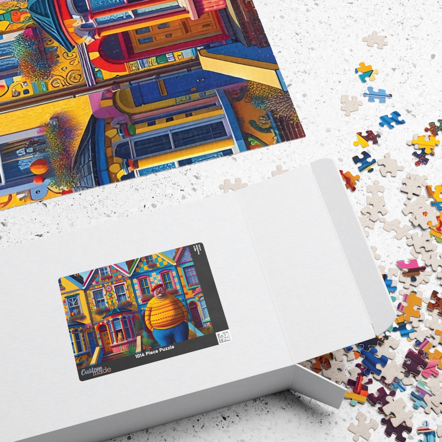 Welcome Committee Jigsaw Puzzle, 110, 252, 520, 1014-piece. Whimsical, Playful Scene of a Jolly Man, Cats and Colourful Houses. Family Fun.