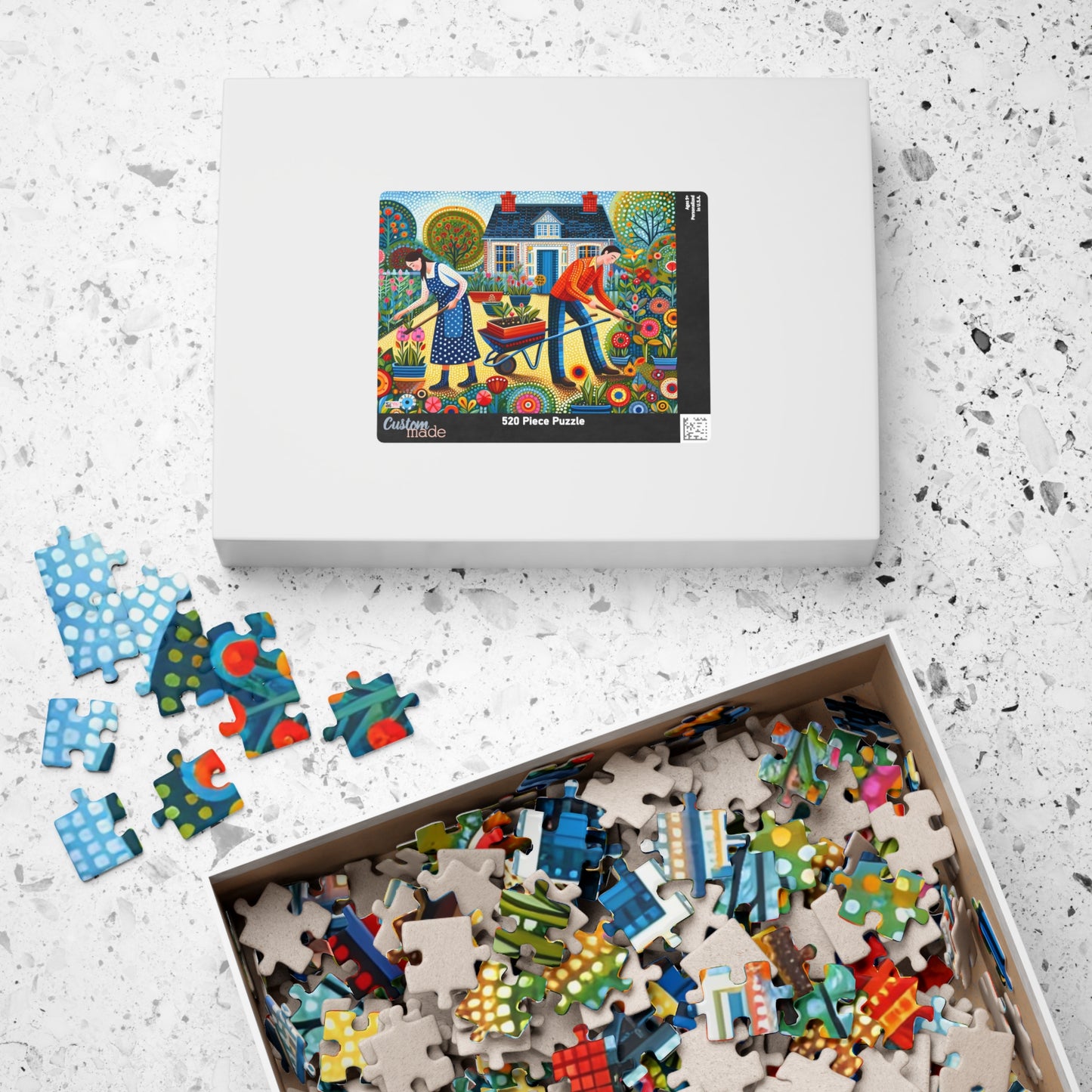 Garden Therapy Jigsaw Puzzle (110, 252, 520, 1014-piece). Charming country cottage scene of a couple in harmony. Wholesome family gift idea.