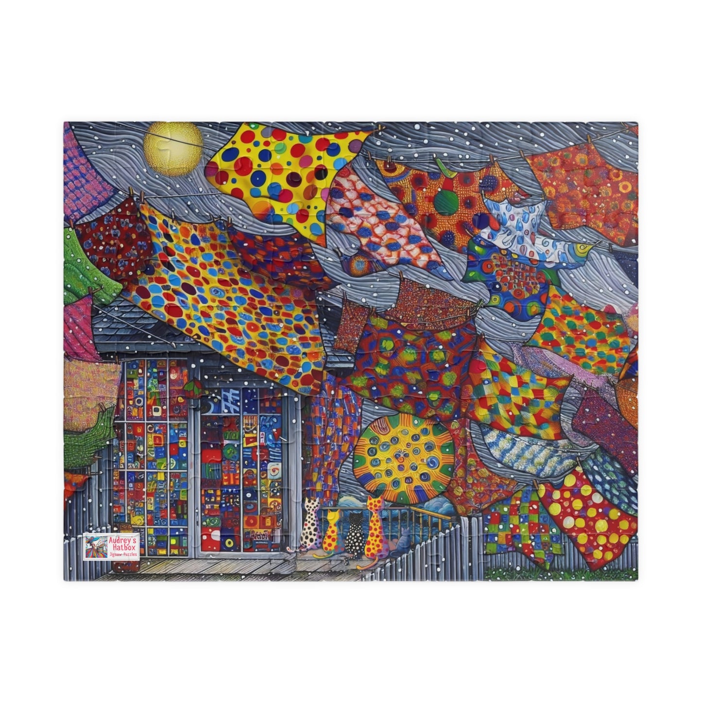 Tablecloth Tempest Jigsaw Puzzle US: Curious cats watch a wild storm whip up the washing on the line  (110-1014-pcs)