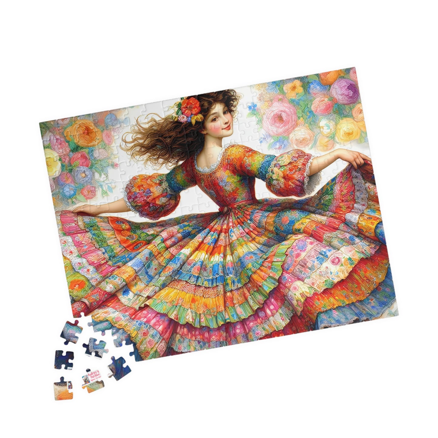 Pretty Twirl Jigsaw Puzzle (110, 252, 520, 1014-piece). Dancing girl in patchwork dress, multi coloured. Family fun, challenging gift idea
