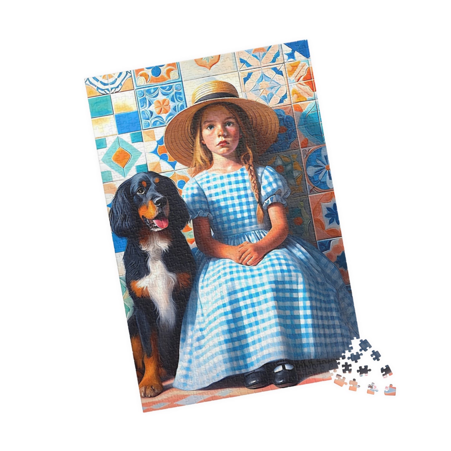 Little Girl in Gingham Jigsaw Puzzle US: Nostalgic Childhood Scene with Pet Dog (110-1014-piece)