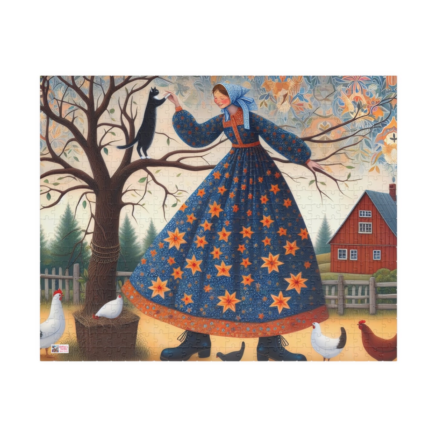 Barnyard Frolic Jigsaw Puzzle (110, 252, 520, 1014-piece). Quirky, Joyful Farm Dance with Chickens and a Black Cat. Family Fun Gift Idea