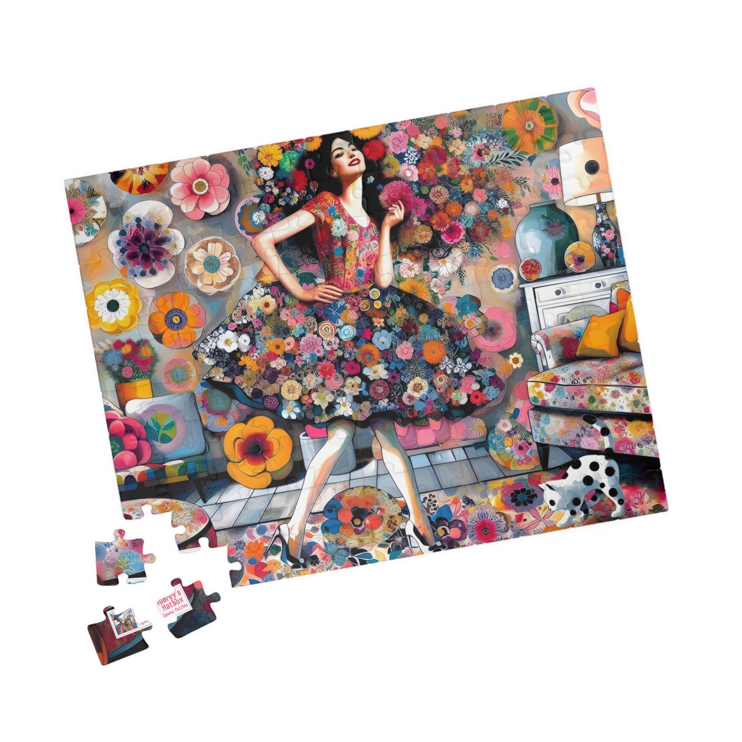 Mad About Flowers Jigsaw Puzzle (110, 252, 520, 1014-piece). Charming Floral Chaos in a Whimsical Scene with a Polka Dot Cat. Fun Gift Idea.