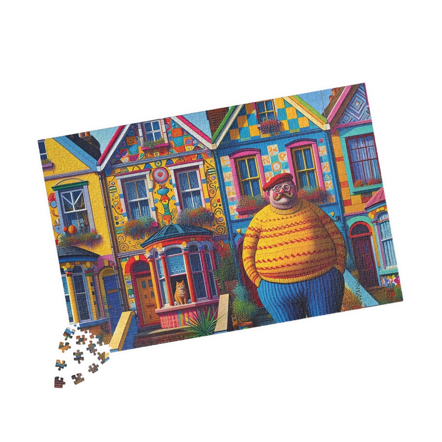 Welcome Committee Jigsaw Puzzle, 110, 252, 520, 1014-piece. Whimsical, Playful Scene of a Jolly Man, Cats and Colourful Houses. Family Fun.