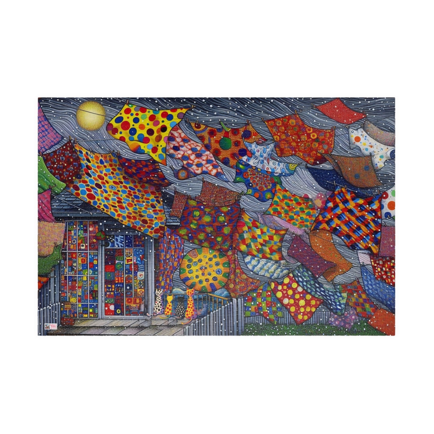 Tablecloth Tempest Jigsaw Puzzle US: Curious cats watch a wild storm whip up the washing on the line  (110-1014-pcs)