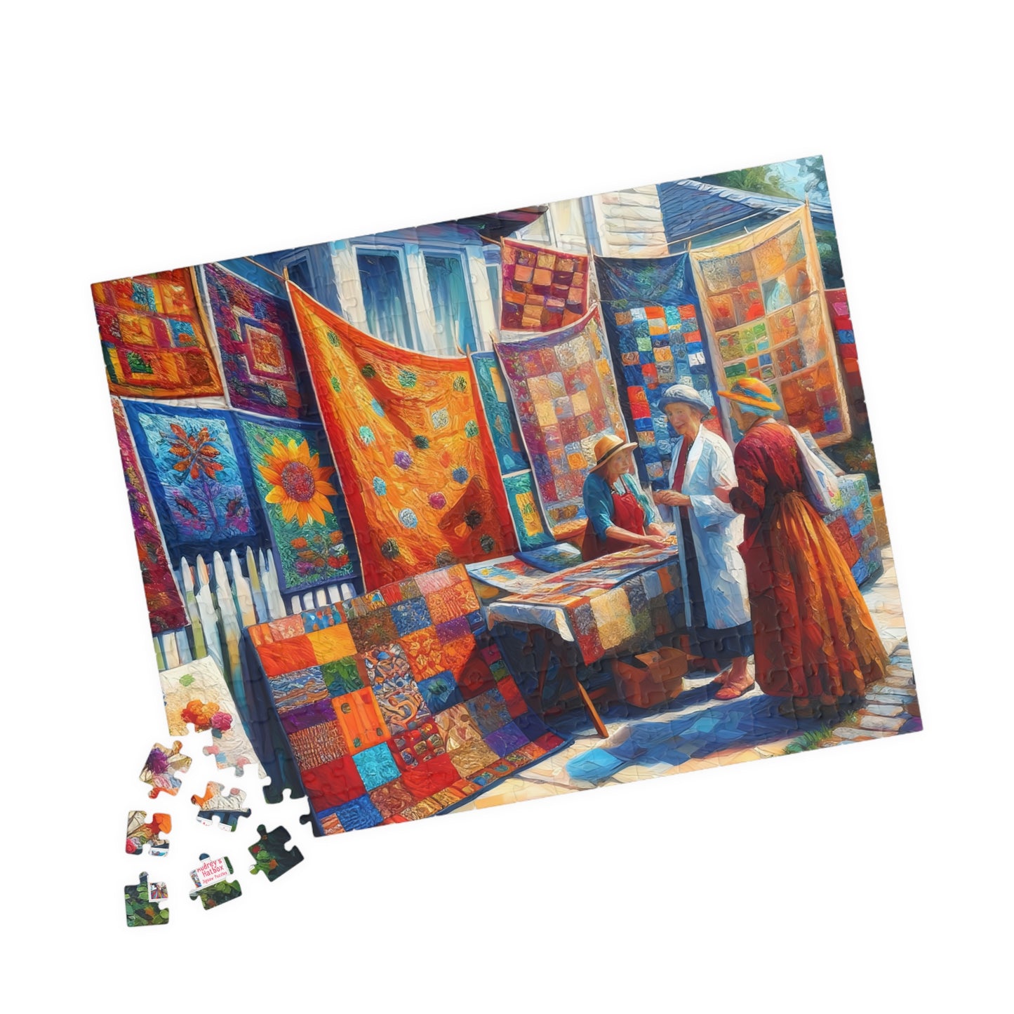 Footpath Quilt Sale Jigsaw Puzzle (110, 252, 520, 1014-piece). Delightful neighbourhood market. Charming gift idea. Wholesome Family Fun.