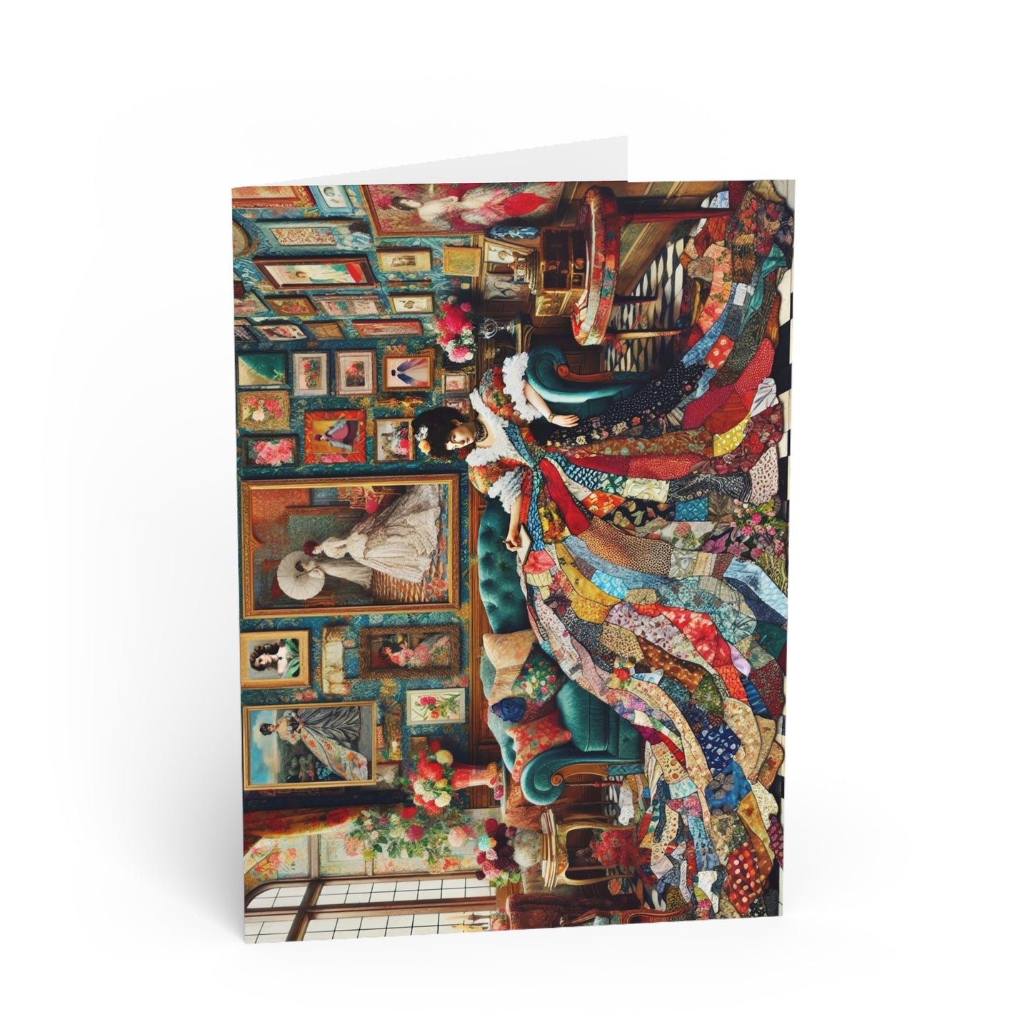 Lady's Parlour Greeting Cards: Elegant Vintage Woman in Patchwork Gown
