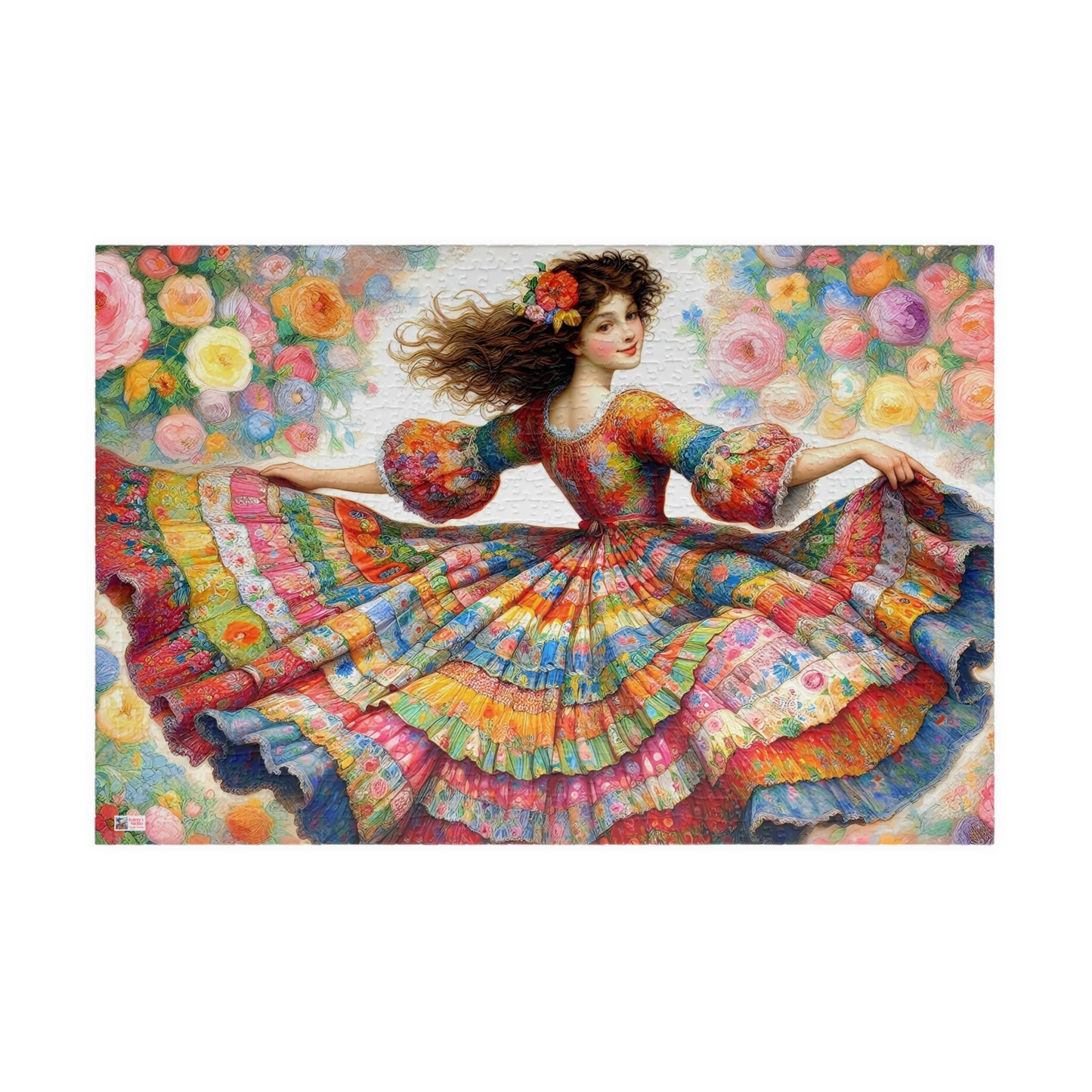 Pretty Twirl Jigsaw Puzzle (110, 252, 520, 1014-piece). Dancing girl in patchwork dress, multi coloured. Family fun, challenging gift idea
