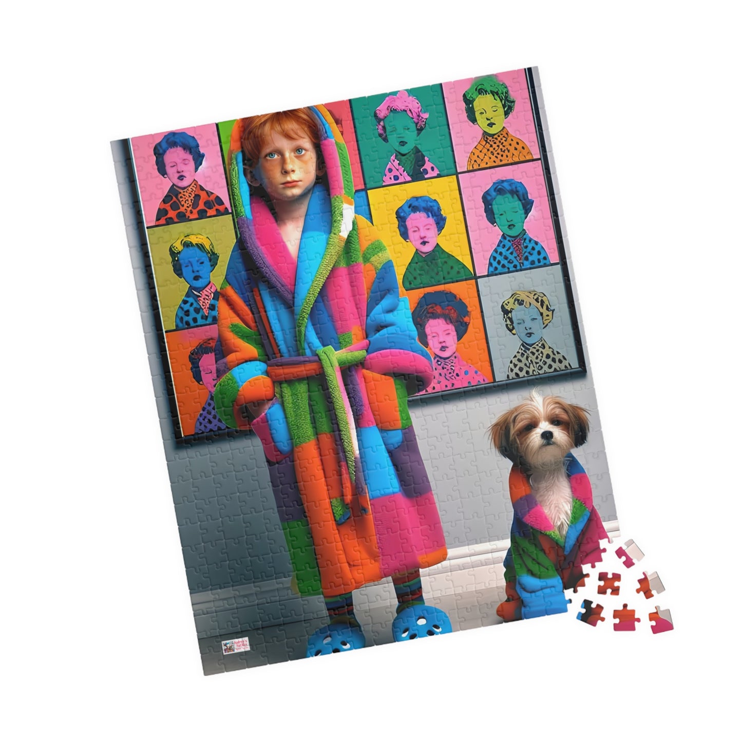 Pop Art Pajama Party Jigsaw Puzzle (110, 252, 520, 1014-piece). Cute and quirky boy and dog in matching bathrobes. Fun gift. Family game.