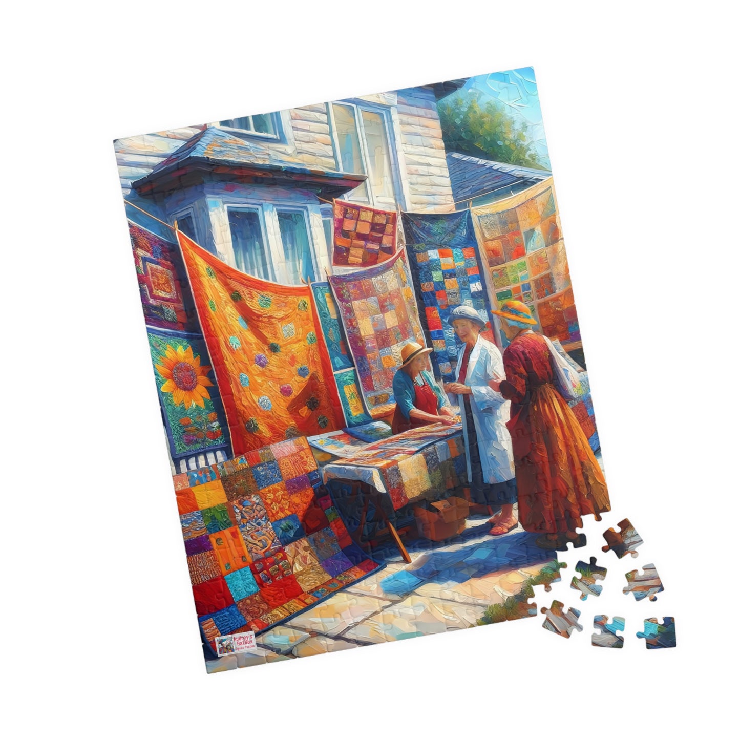 Footpath Quilt Sale Jigsaw Puzzle (110, 252, 520, 1014-piece). Delightful neighbourhood market. Charming gift idea. Wholesome Family Fun.