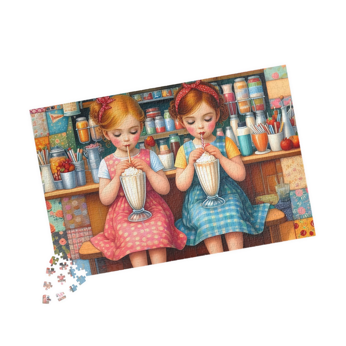 Milkshake Maids Jigsaw Puzzle (110, 252, 520, 1014-piece). Sweet vintage patchwork milk bar scene. Fun family game, children's gift idea