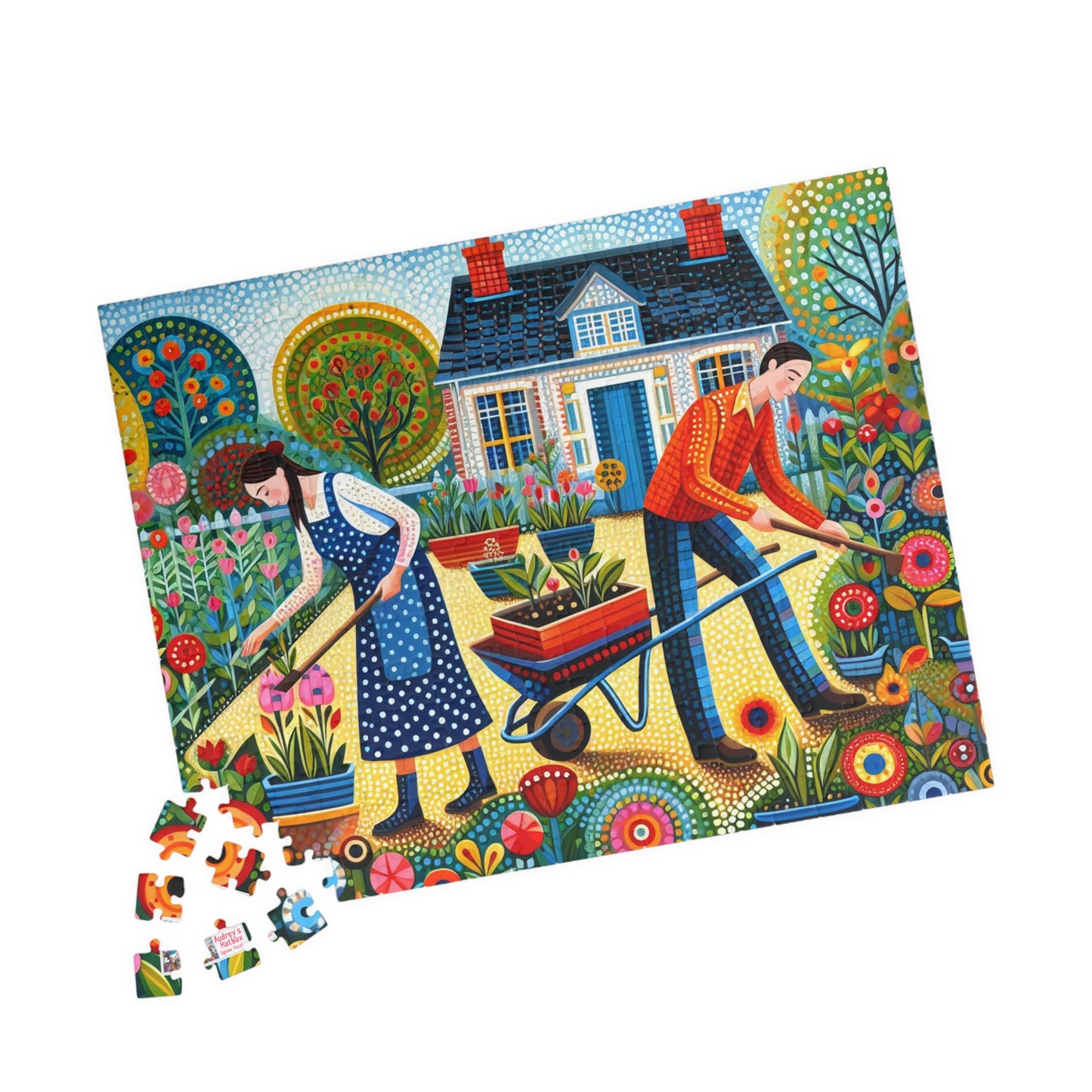 Garden Therapy Jigsaw Puzzle (110, 252, 520, 1014-piece). Charming country cottage scene of a couple in harmony. Wholesome family gift idea.