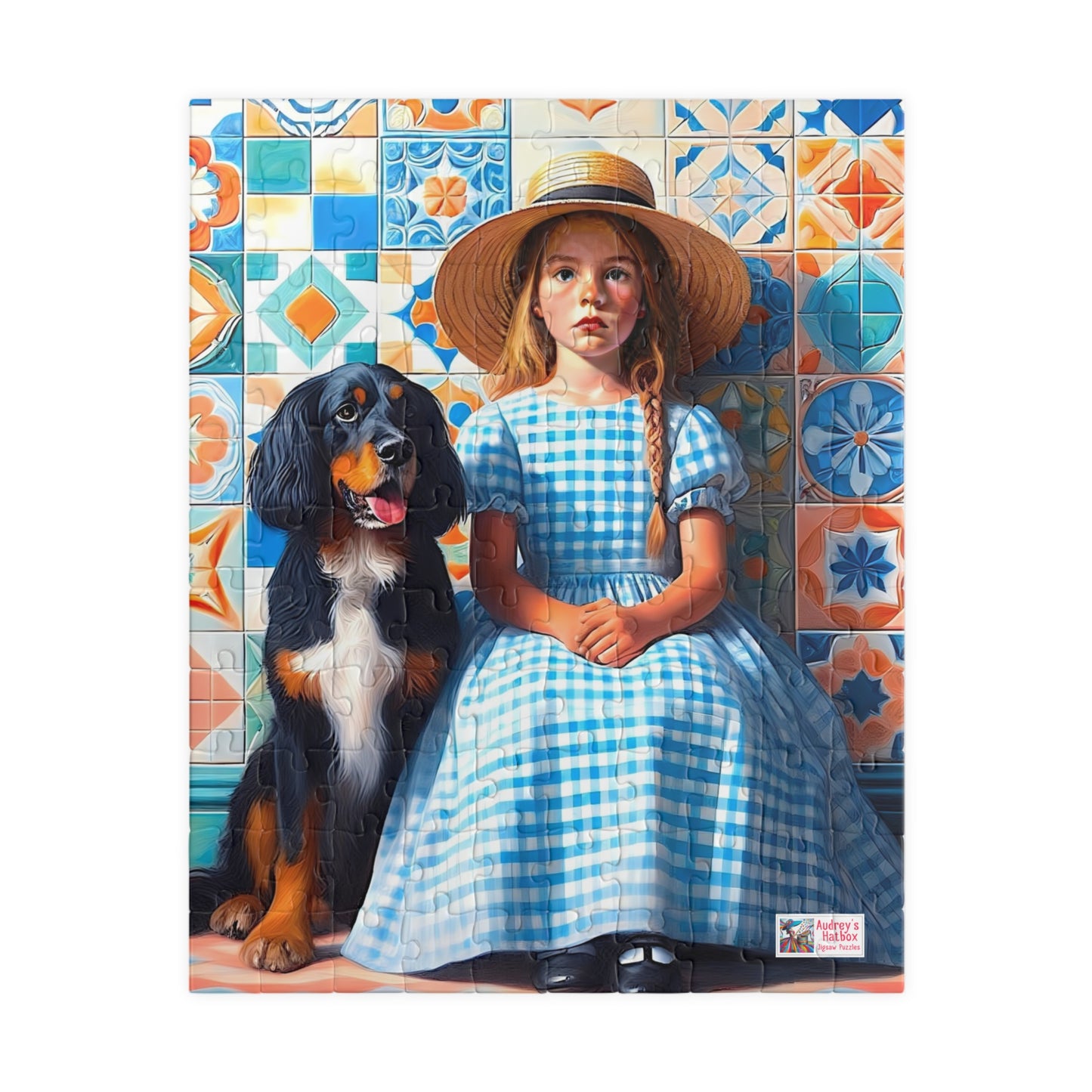 Little Girl in Gingham Jigsaw Puzzle US: Nostalgic Childhood Scene with Pet Dog (110-1014-piece)