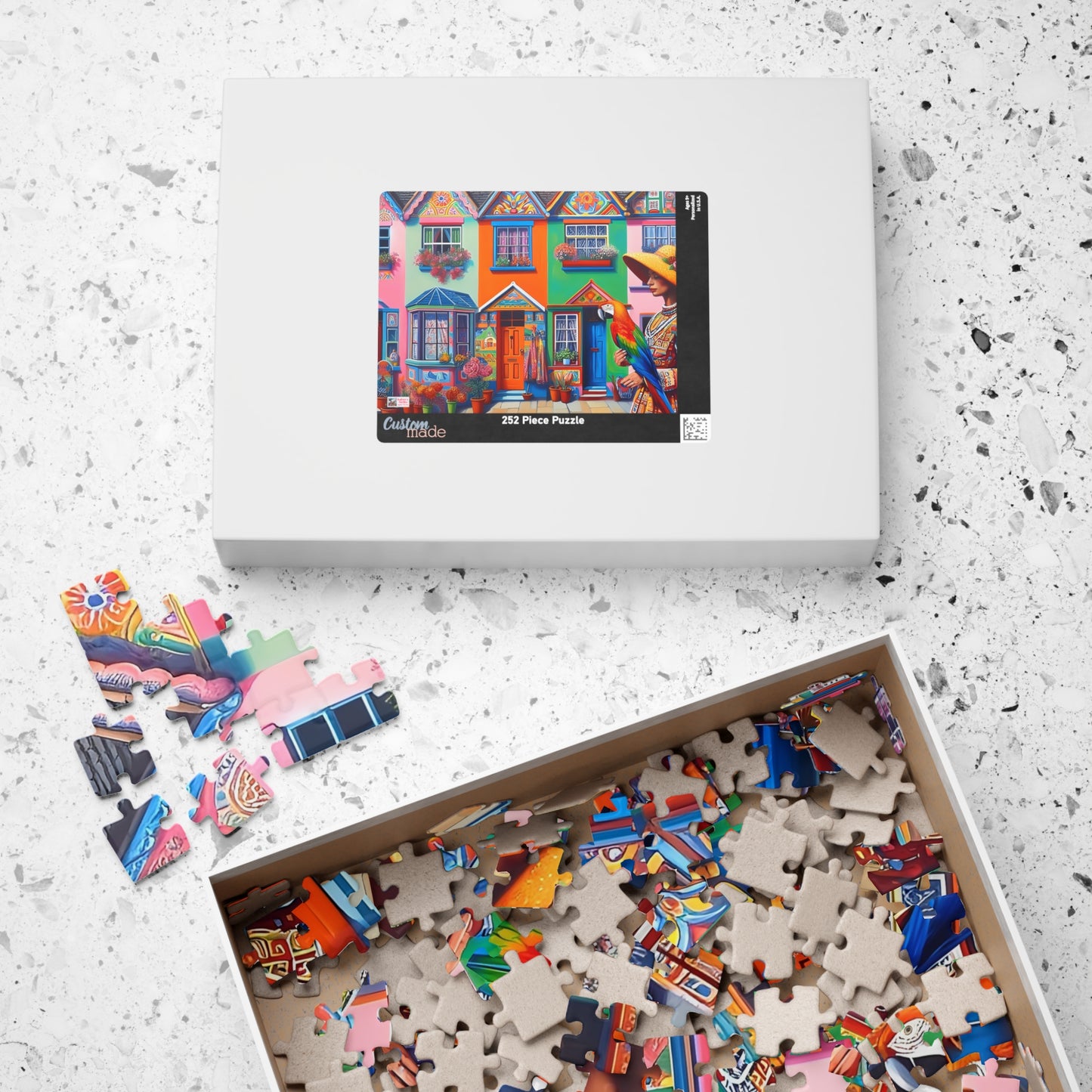 Strolling with my Parrot Jigsaw Puzzle US (110, 252, 520, 1014-piece). Quirky, charming, colourful gift idea for birdlovers. Family fun game