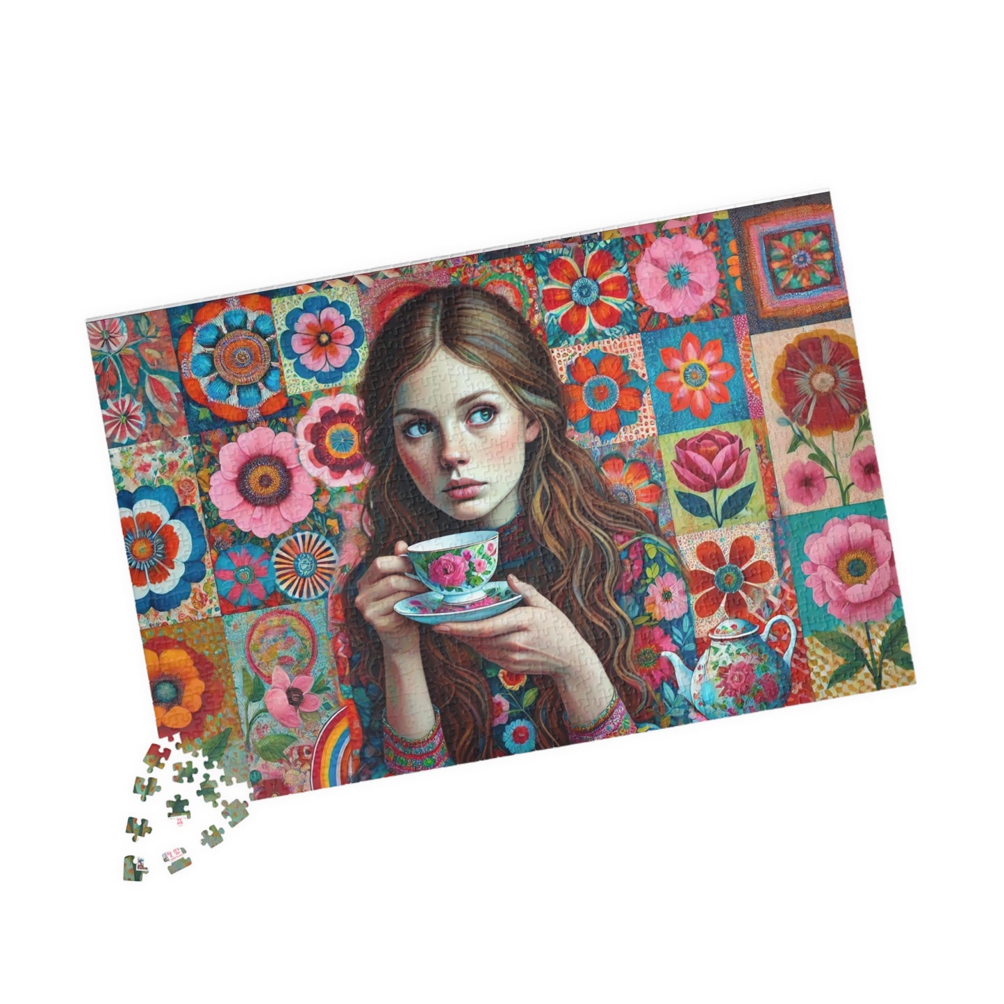 Wallflower Jigsaw Puzzle (110, 252, 520, 1014-piece). Intricate floral patterns and a cup of tea. Pretty and whimsical gift idea.