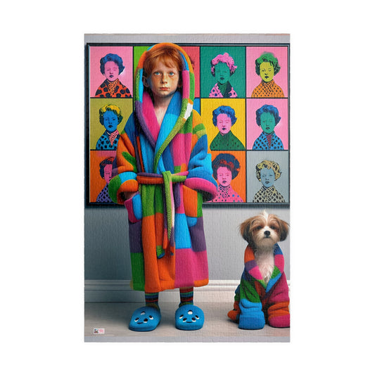 Pop Art Pajama Party Jigsaw Puzzle (110, 252, 520, 1014-piece). Cute and quirky boy and dog in matching bathrobes. Fun gift. Family game.