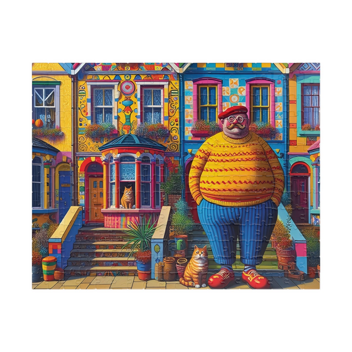 Welcome Committee Jigsaw Puzzle, 110, 252, 520, 1014-piece. Whimsical, Playful Scene of a Jolly Man, Cats and Colourful Houses. Family Fun.