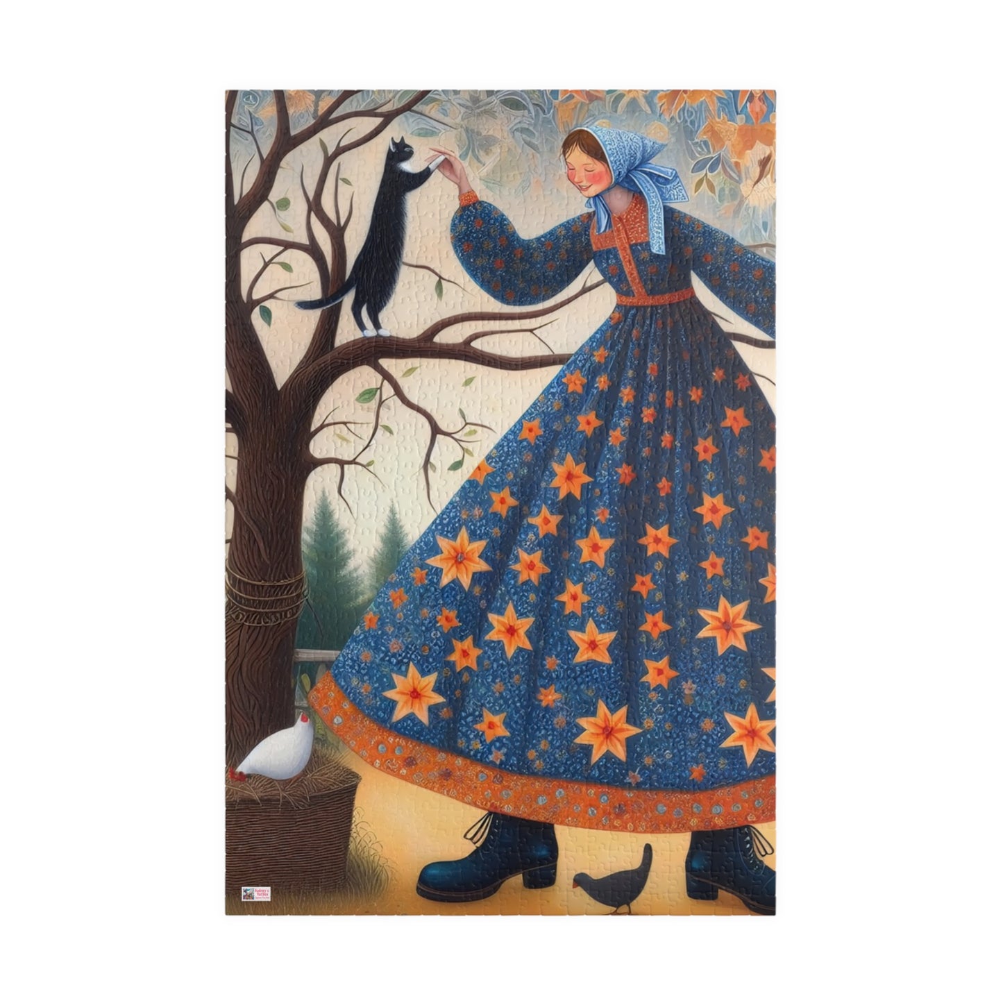 Barnyard Frolic Jigsaw Puzzle (110, 252, 520, 1014-piece). Quirky, Joyful Farm Dance with Chickens and a Black Cat. Family Fun Gift Idea
