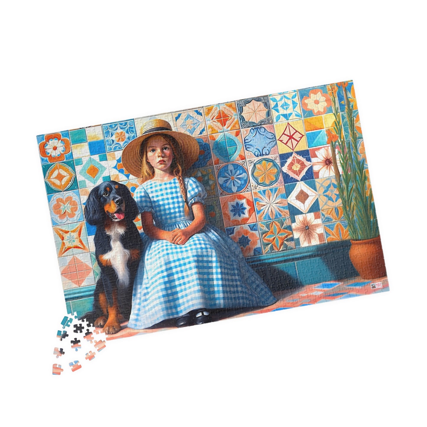 Little Girl in Gingham Jigsaw Puzzle US: Nostalgic Childhood Scene with Pet Dog (110-1014-piece)