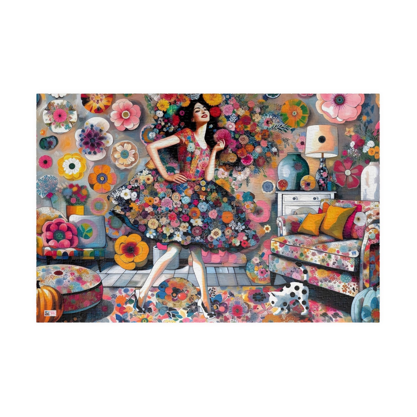 Mad About Flowers Jigsaw Puzzle (110, 252, 520, 1014-piece). Charming Floral Chaos in a Whimsical Scene with a Polka Dot Cat. Fun Gift Idea.