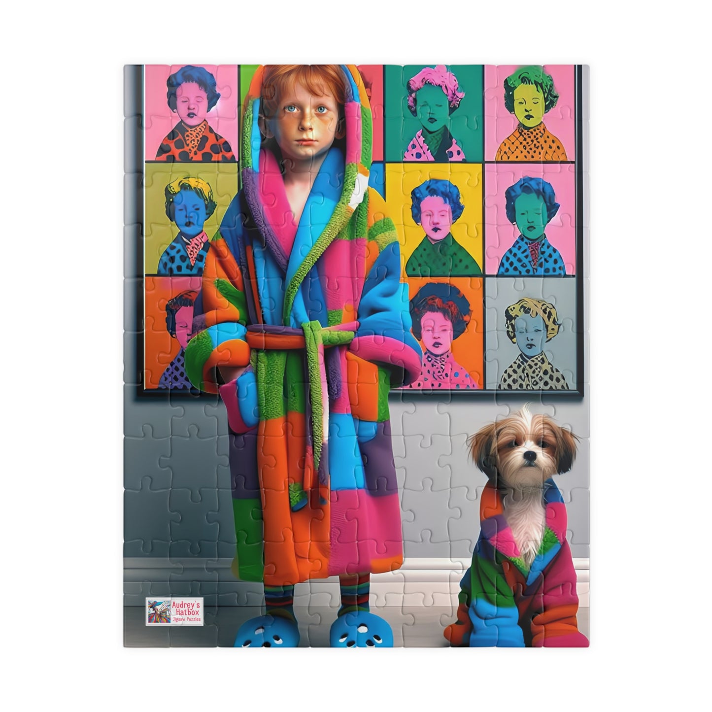 Pop Art Pajama Party Jigsaw Puzzle (110, 252, 520, 1014-piece). Cute and quirky boy and dog in matching bathrobes. Fun gift. Family game.