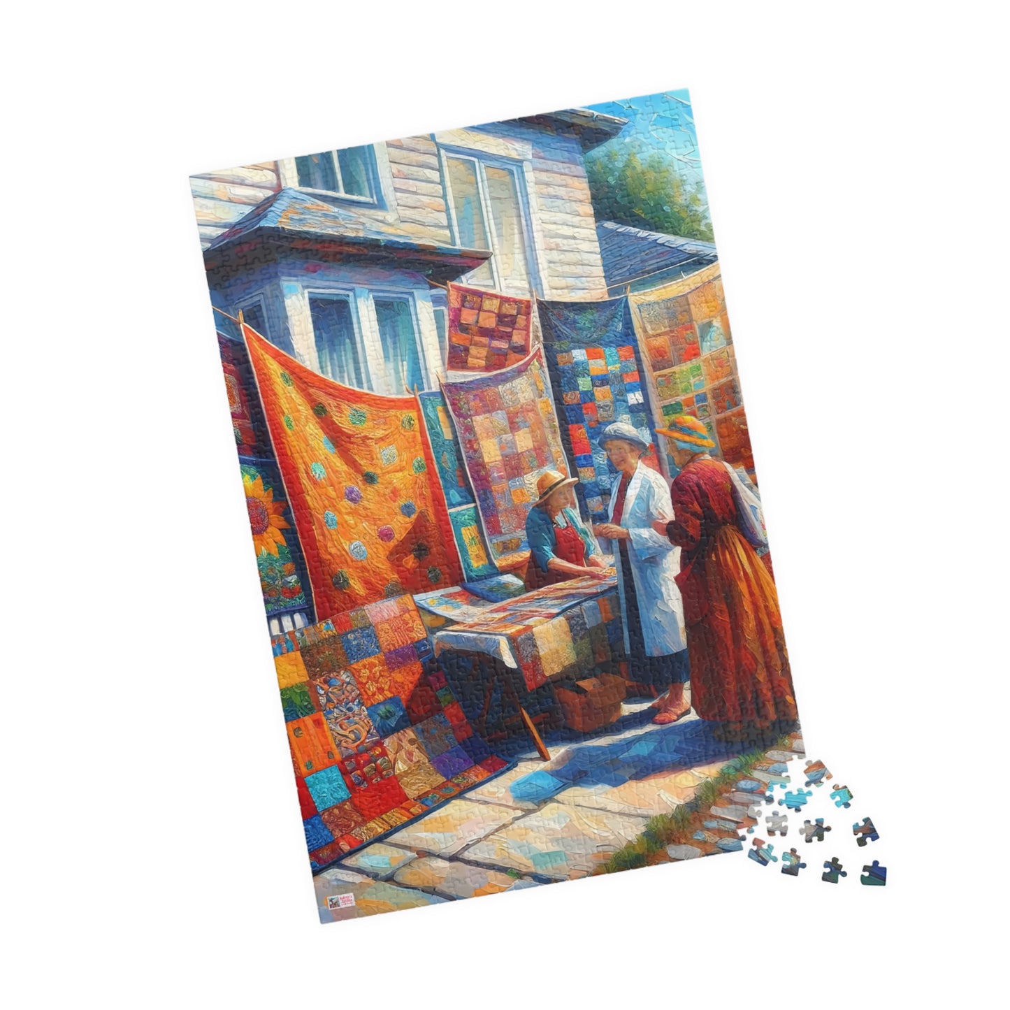 Footpath Quilt Sale Jigsaw Puzzle (110, 252, 520, 1014-piece). Delightful neighbourhood market. Charming gift idea. Wholesome Family Fun.