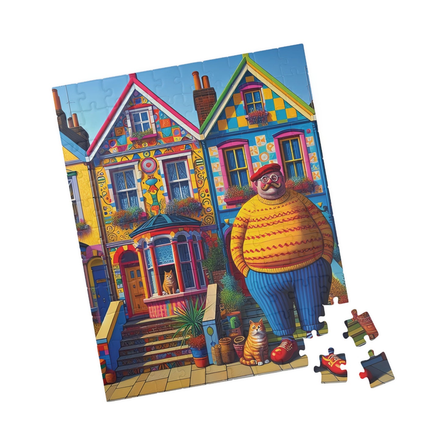 Welcome Committee Jigsaw Puzzle, 110, 252, 520, 1014-piece. Whimsical, Playful Scene of a Jolly Man, Cats and Colourful Houses. Family Fun.