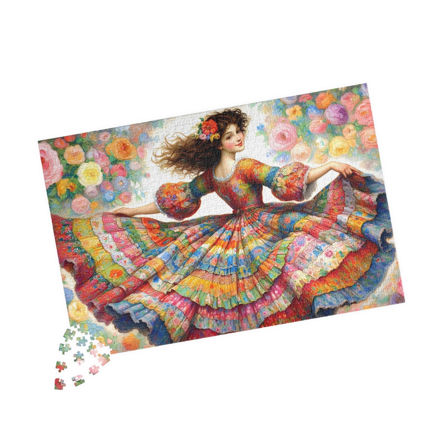 Pretty Twirl Jigsaw Puzzle (110, 252, 520, 1014-piece). Dancing girl in patchwork dress, multi coloured. Family fun, challenging gift idea