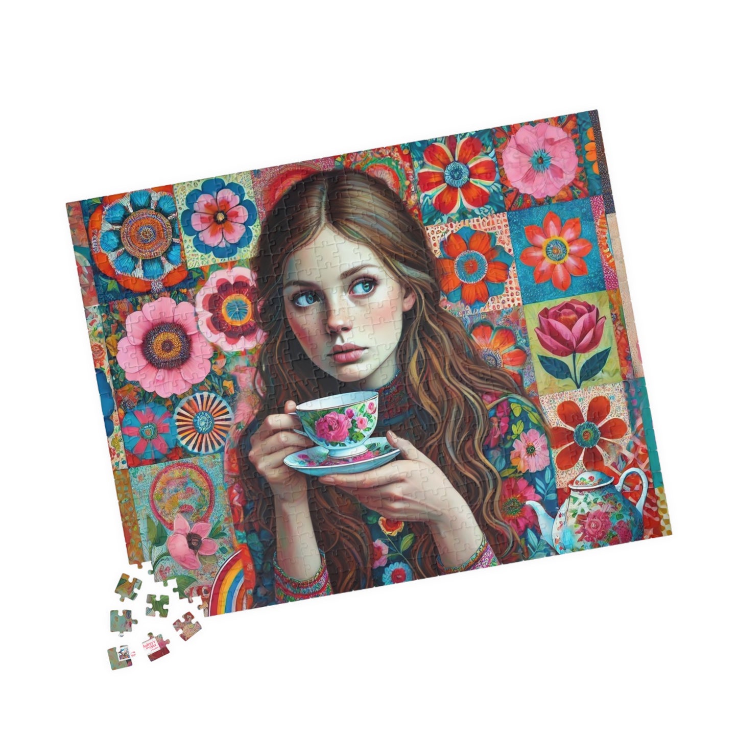 Wallflower Jigsaw Puzzle (110, 252, 520, 1014-piece). Intricate floral patterns and a cup of tea. Pretty and whimsical gift idea.