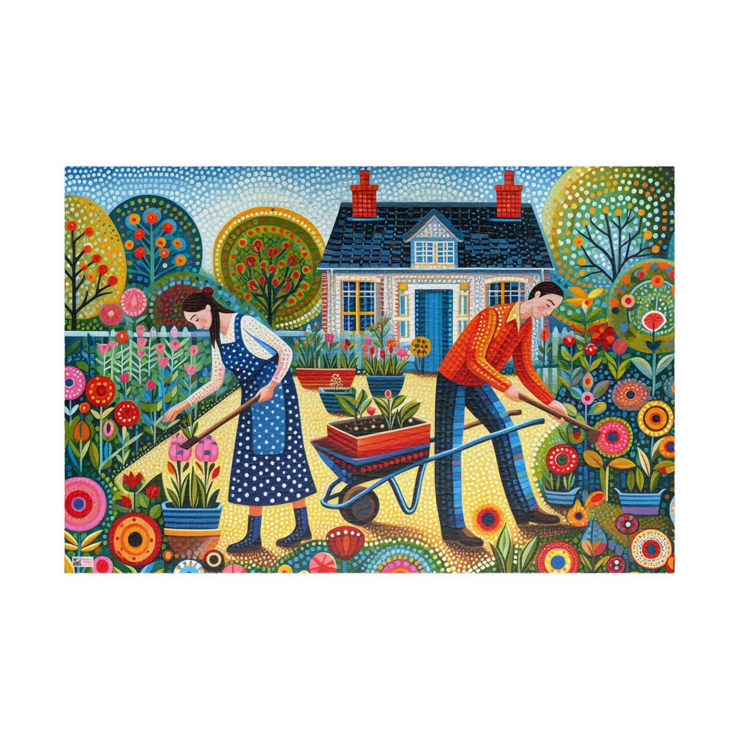 Garden Therapy Jigsaw Puzzle (110, 252, 520, 1014-piece). Charming country cottage scene of a couple in harmony. Wholesome family gift idea.