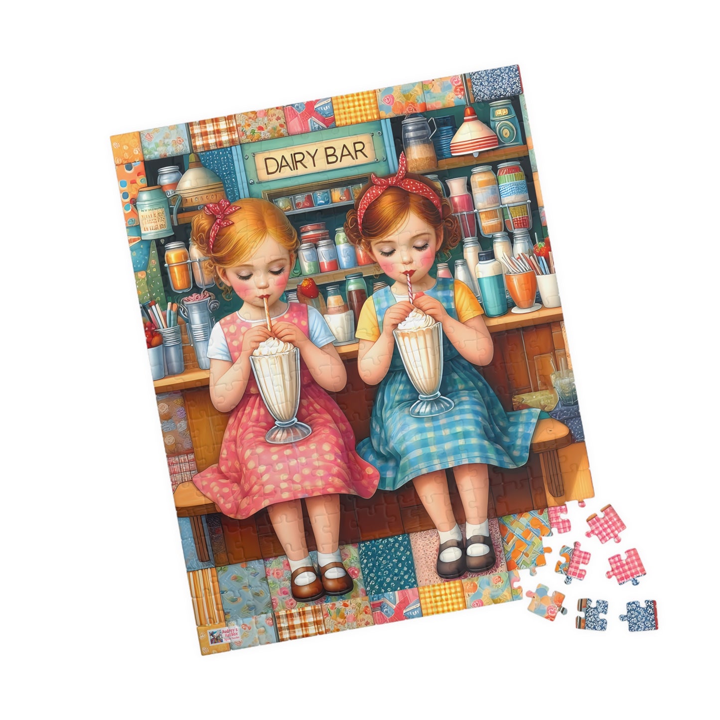 Milkshake Maids Jigsaw Puzzle (110, 252, 520, 1014-piece). Sweet vintage patchwork milk bar scene. Fun family game, children's gift idea