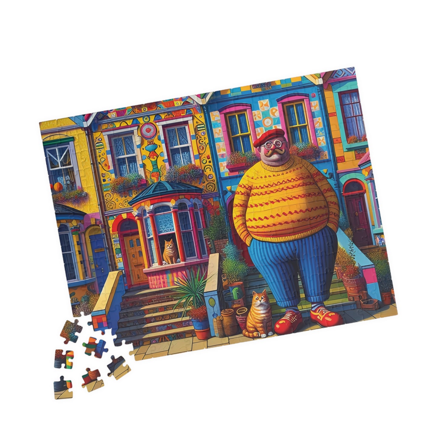 Welcome Committee Jigsaw Puzzle, 110, 252, 520, 1014-piece. Whimsical, Playful Scene of a Jolly Man, Cats and Colourful Houses. Family Fun.