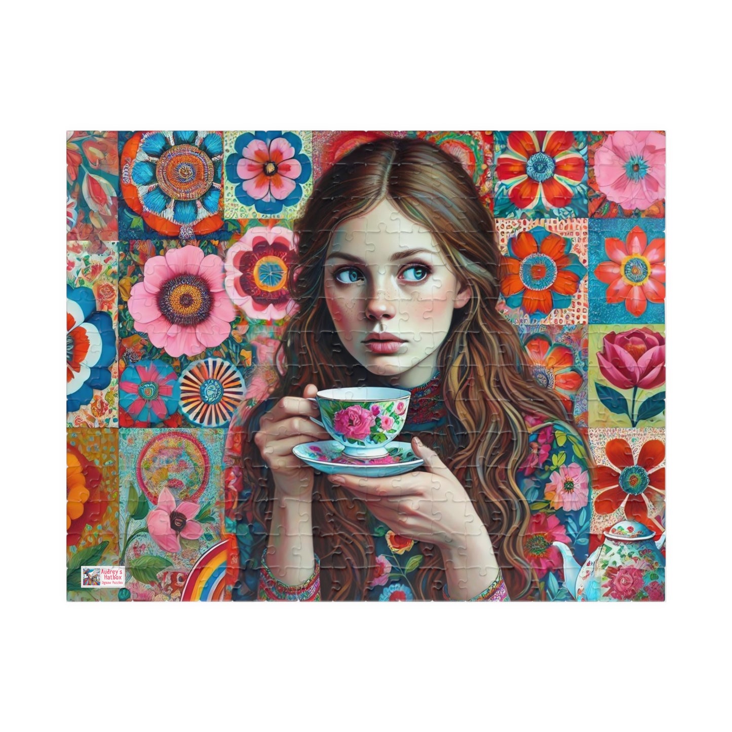 Wallflower Jigsaw Puzzle (110, 252, 520, 1014-piece). Intricate floral patterns and a cup of tea. Pretty and whimsical gift idea.