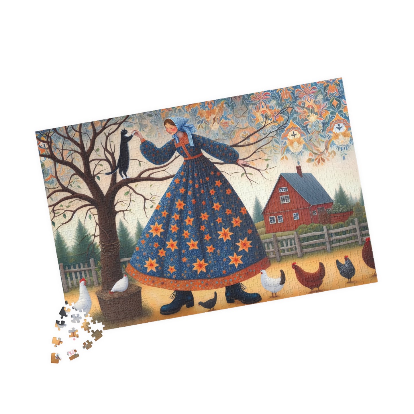 Barnyard Frolic Jigsaw Puzzle (110, 252, 520, 1014-piece). Quirky, Joyful Farm Dance with Chickens and a Black Cat. Family Fun Gift Idea